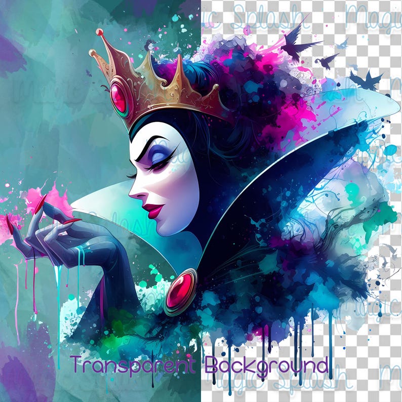 May include: An artistic illustration of a queen with a golden crown and a red gem. The queen is wearing a black cape and holding a pink object. The background features watercolor splashes of blue, pink, and teal. The words "Transparent Background" are at the bottom.