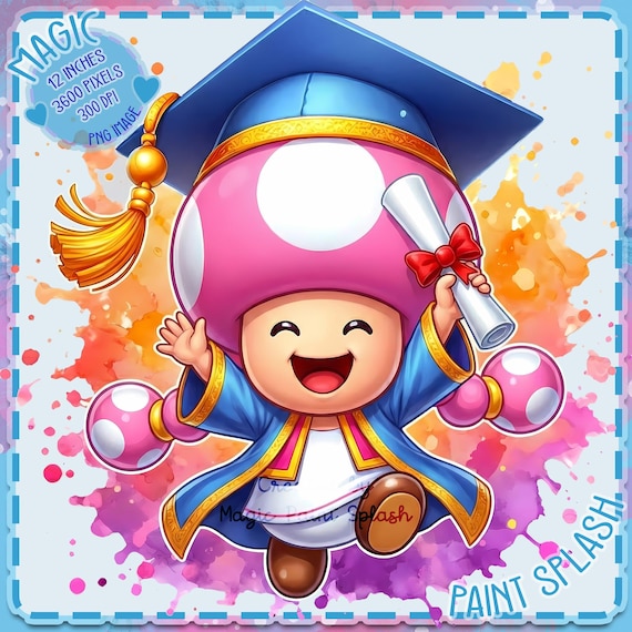 キノピオ卒業式PNGクリップアート、マリオ風ゲーマー卒業デジタル