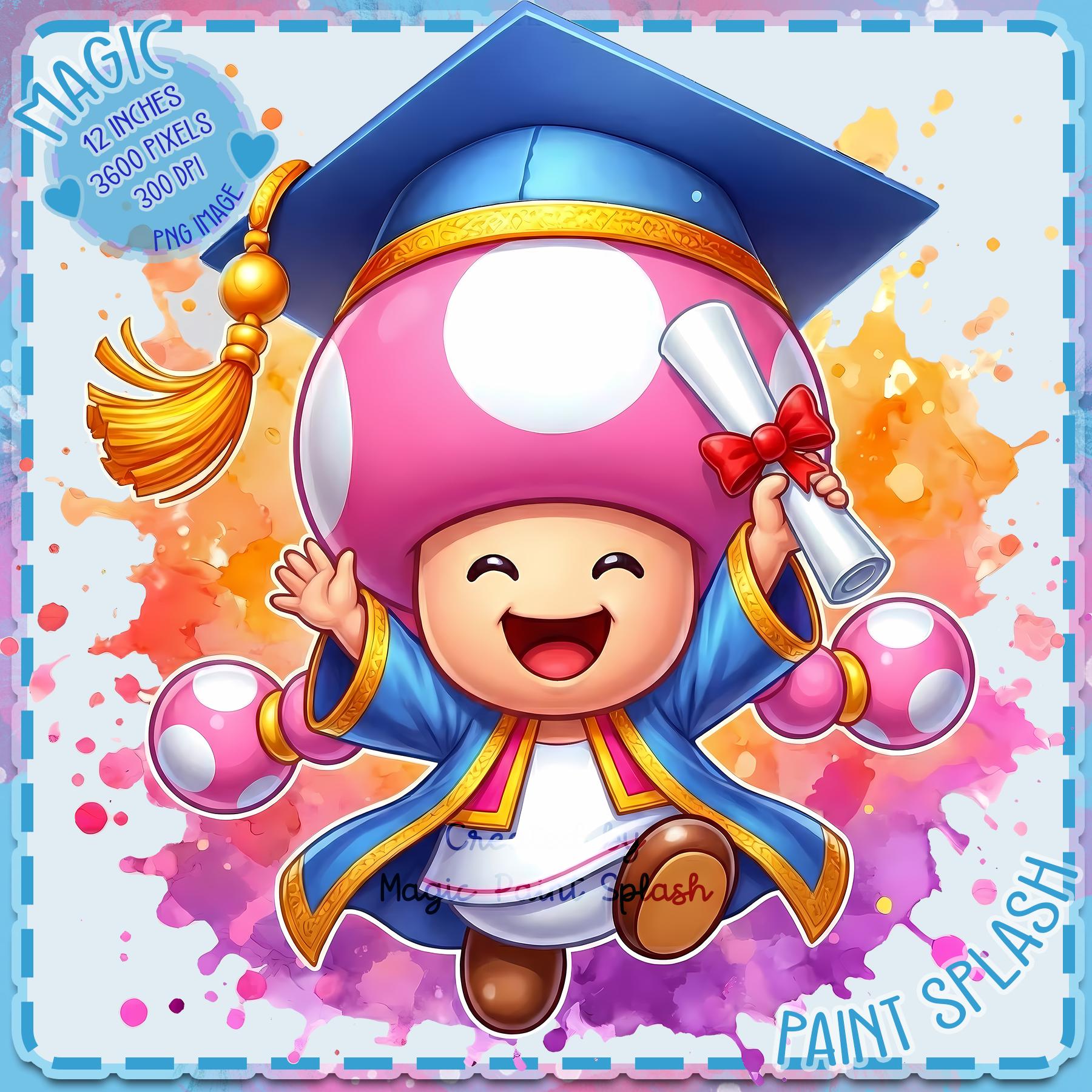 キノピオ卒業式PNGクリップアート、マリオ風ゲーマー卒業デジタル