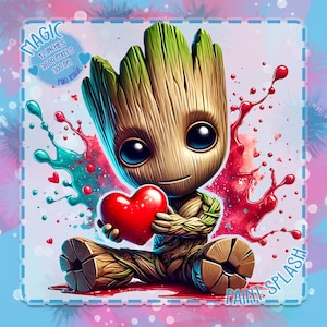 Baby Groot Valentine PNG: Clipart con schizzi ad acquerello (download digitale)