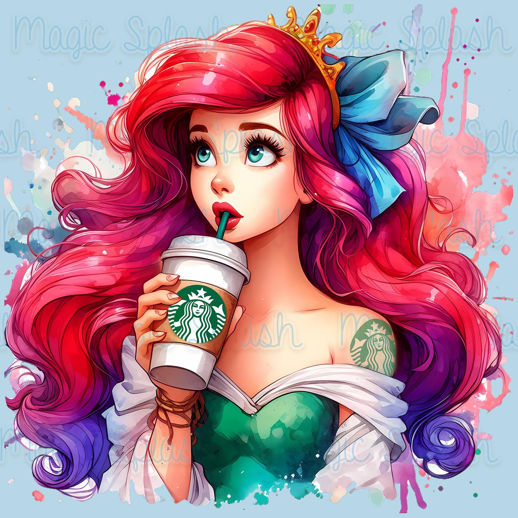 Ariel Coffee Watercolor Clipart: Mermaid PNG Image (digital