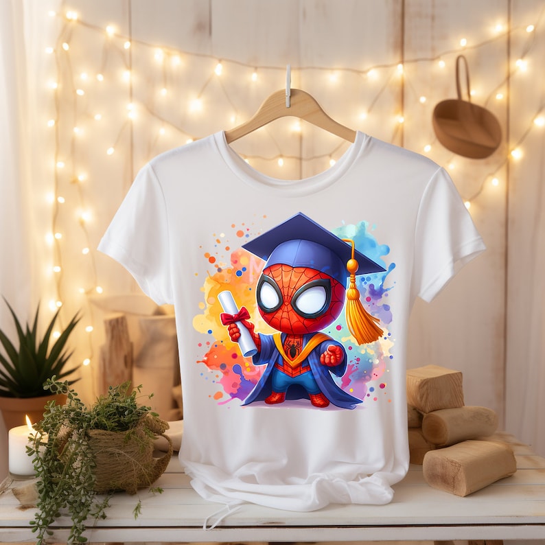 May include: White t-shirt with a colorful watercolor design featuring a cartoon Spiderman wearing a graduation cap and holding a diploma. The design has a blue, red, yellow, and orange color scheme.