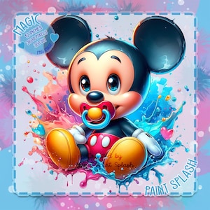 ベビーミッキーの水彩画クリップアート：レインボースプラッシュPNG（デジタルダウンロード）