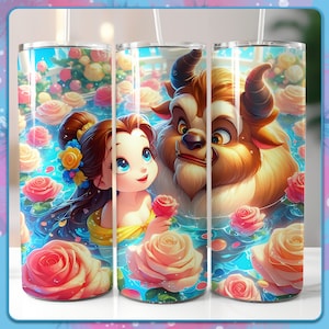 Belle and Beast Roses 20 Oz Tumbler Wrap, Diseño de vaso, Envolturas de sublimación, Imágenes de princesa linda PNG, Archivo de descarga digital