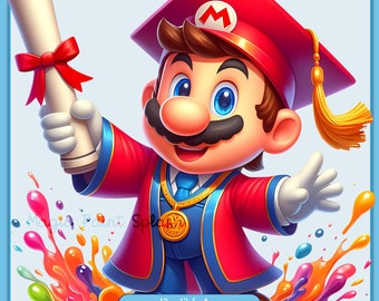 マリオ 武士 アート 手描き A4サイズ マリオ卒業証書クリップアート：レインボースプラッシュPNG（デジタル