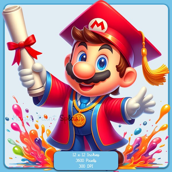 Mario Diploma Graduation Watercolor Splash, Clipart Images, Graphics and Artwork, Rainbow Aesthetic, PNG Gaming Images