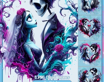 May include: A digital illustration of a skeleton couple in a romantic embrace. The bride is wearing a white veil and a blue dress, while the groom is wearing a black suit. The background is a colorful abstract design with pink, blue, and purple hues.
