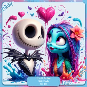Jack e Sally Watercolor Splash, imagens clipart, gráficos e obras de arte, estética do arco-íris, imagens PNG de pesadelo de Natal