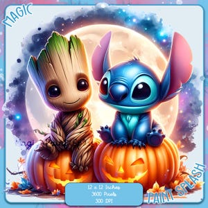 Imagen PNG de Baby Groot y Stitch Halloween, imágenes prediseñadas, gráficos e ilustraciones, imágenes de personajes lindos PNG