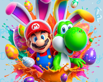 マリオとヨッシーのイースターバニーのクリップアート：水彩