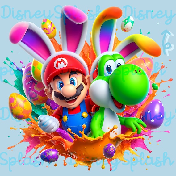 マリオとヨッシーのイースターバニーのクリップアート：水彩