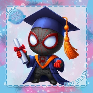 May include: A digital illustration of a superhero character in a graduation cap and gown, holding a diploma tied with a red bow. The character is wearing a blue graduation cap with an orange tassel and a blue and orange graduation gown. The image has text that says "MAGIC" and "PAINT SPLASH".