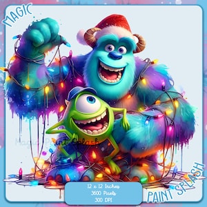 Mike und Sully Weihnachtslichter Aquarell Spritzer, Clipart-Bilder, Grafiken und Kunstwerke, Regenbogenästhetik, PNG süße Monsterbilder