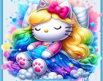 Kawaii Kitty Aurora Watercolor Splash, Clipart Images, Graphics and Artwork, Rainbow Aesthetic, PNG Cute Kitten Princess Hello Images