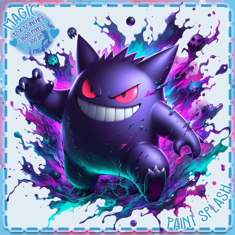 May include: A digital illustration of a purple and black cartoon ghost character with red eyes, surrounded by a colorful paint splatter effect. The text "MAGIC PAINT SPLASH" is at the bottom of the image.