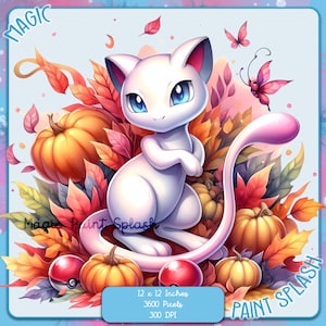 Könnte beinhalten: Eine weiße Katze mit rosa Ohren und einem langen Schwanz sitzt auf einem Bett aus Herbstlaub und Kürbissen. Die Katze hat blaue Augen und eine rosa Nase. Die Blätter sind rot, orange und gelb. Die Kürbisse sind orange und haben grüne Stiele. Der Hintergrund ist ein hellblauer Aquarell-Wasch. Der Text "Magic Paint Splash" ist in der oberen linken Ecke des Bildes geschrieben. Der Text "Paint Splash" ist in der unteren rechten Ecke des Bildes geschrieben. Der Text "12 x 12 Inches, 3600 Pixels, 300 DPI" ist in der unteren Mitte des Bildes geschrieben.