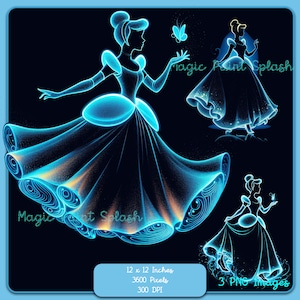 Op de afbeelding: Drie digitale illustraties van Assepoester in een blauwe en witte jurk met een sprankelend effect. De illustraties zijn geplaatst tegen een zwarte achtergrond. De tekst "Magic Round Splash" is zichtbaar in de rechterbovenhoek van de afbeelding.