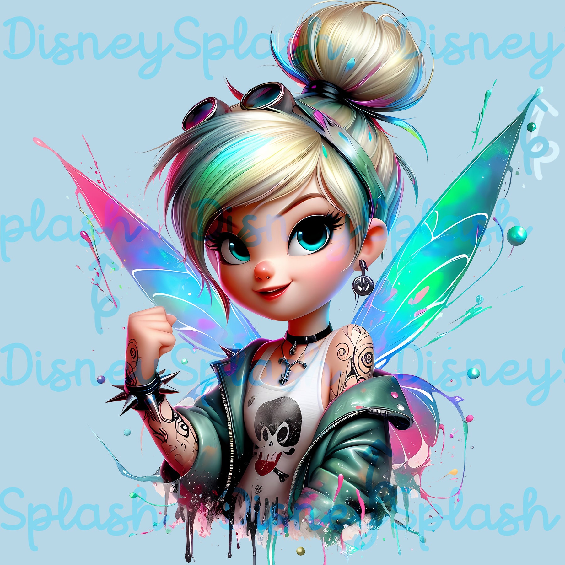 Punk Rock Tinkerbell Clipart, Rainbow Watercolor, Edgy Fairy PNG
