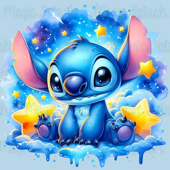 雲の上に座っているスティッチ水彩スプラッシュ、クリップアート画像