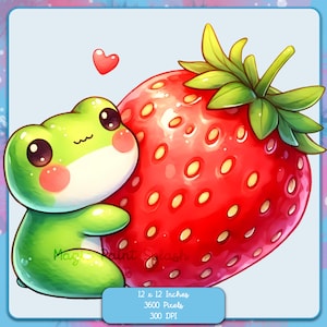 Kawaii-Frosch umarmt eine Erdbeere PNG, Clipart-Bilder, Grafiken und Kunstwerke, Regenbogenästhetik, PNG-Tier-Aquarellbilder