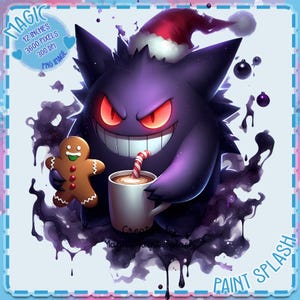 May include: A purple and black cartoon ghost wearing a red Santa hat holds a mug of hot chocolate and a gingerbread cookie. The ghost is surrounded by black paint splatters on a white background.