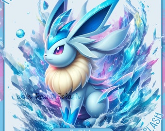 Glaceon Watercolor Splash, Cute Monster Clipart, PNG (Digital Download)