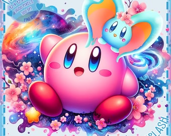 オリジナルキャラクター 絵画 ピンク カービィとエルフィリンのギャラクシー水彩スプラッシュ、クリップ