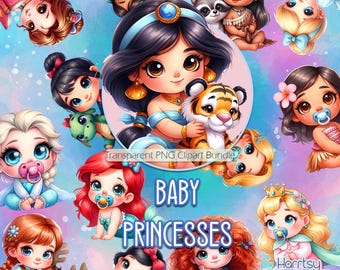 Baby Princesses Clipart Set, Transparent Background PNG images, Commercial Use, Cute Character Art, Clipart bundles