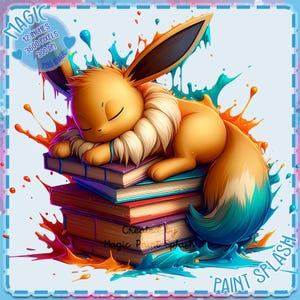 Sleepy Eevee Watercolor Clipart: Rainbow Splash PNG (Digital Download)