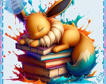 Sleepy Eevee Watercolor Clipart: Rainbow Splash PNG (Digital Download)