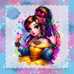 Punk Rock Belle Watercolor Clipart: Rainbow Princess PNG (Digital Download)