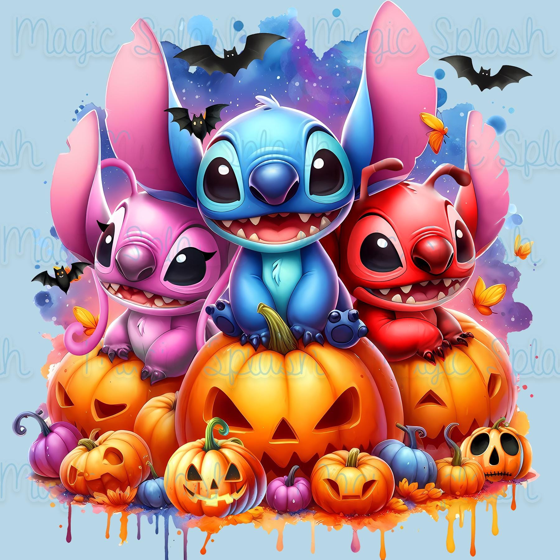スティッチと仲間たちのハロウィン PNG、水彩クリップアート（デジタル