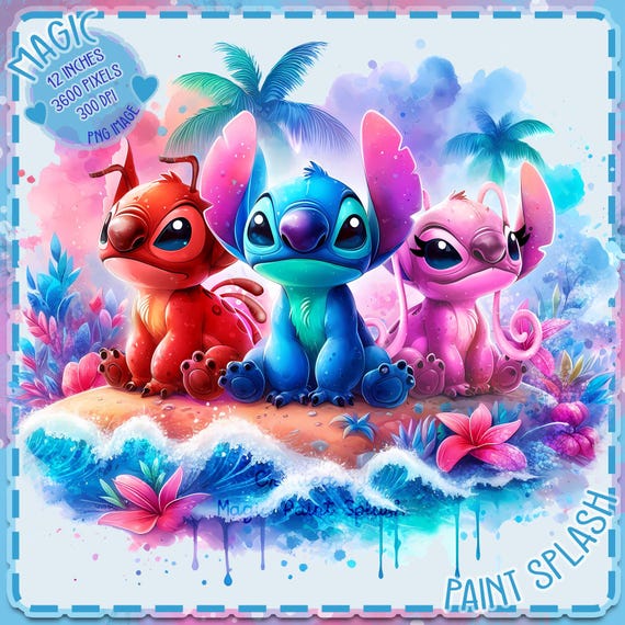 スティッチ、リロイ、エンジェルの水彩画 PNG：ビーチテーマのクリップ