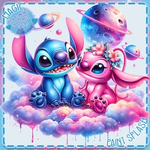 Salpicaduras de acuarela de Stitch y Angel Clouds, imágenes prediseñadas, gráficos e ilustraciones, estética del arco iris, imágenes de personajes lindos PNG