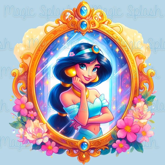 ジャスミンの魔法の鏡のクリップアート：水彩プリンセス画像（PNG