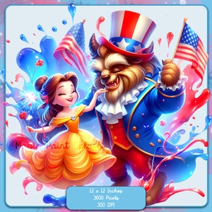 Belle and the Beast 4th of July Watercolor Splash, Clipart Images, Graphics and Artwork, Rainbow Aesthetic, PNG Princess Images