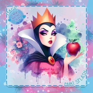 Puede incluir: Ilustraci&oacute;n digital de un personaje con una corona dorada, sosteniendo una manzana roja. La imagen tiene un efecto de acuarela con un fondo morado, rosa y azul. El texto incluye "MAGIC", "12 INCHES" y "PAINT SPLASH".