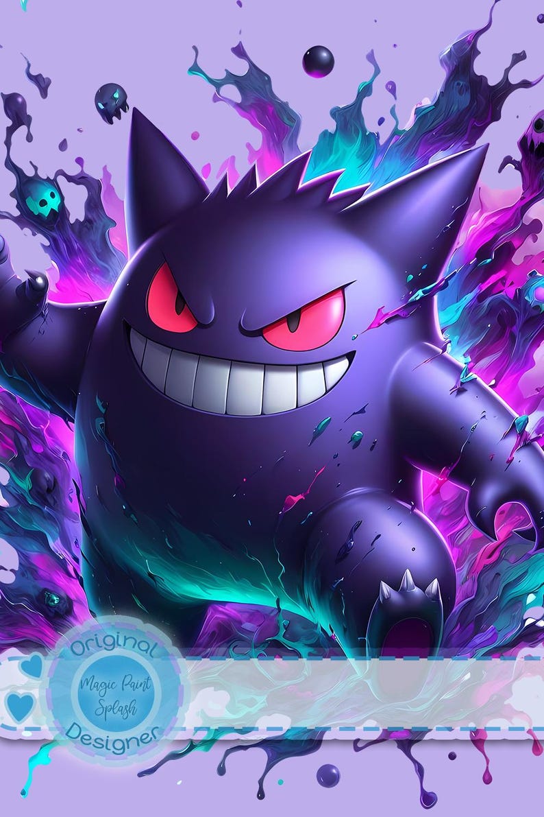 Gengar Watercolor Splash PNG, Rainbow Monster Art (Digital Download) image 2