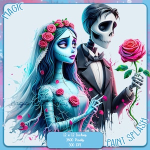 May include: A digital illustration of a skeletal groom in a black tuxedo holding a pink rose and a blue bride with a white veil and a floral crown. The background is a blue and pink watercolor wash with the text "Magic Paint Splash".