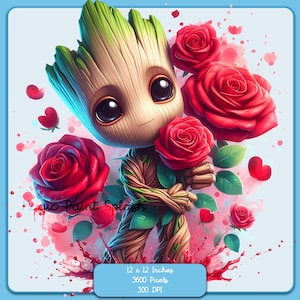 Images clipart Baby Groot Valentine roses aquarelle splash, graphiques et illustrations, images de personnages mignons PNG