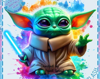 Grogu Watercolor Clipart: Rainbow Splash, Galaxy Wars PNG (Digital Download)