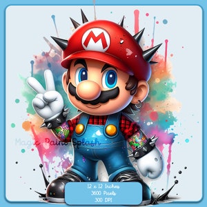 Mario Punk Rock Aquarell Splash, Clipart-Bilder, Grafiken und Kunstwerke, Regenbogenästhetik, PNG Gaming Bilder