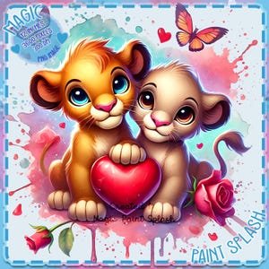 Simba et Nala Valentine aquarelle splash, Images Clipart, graphiques et oeuvres d'art, esthétique arc-en-ciel, Images de bébé lion PNG