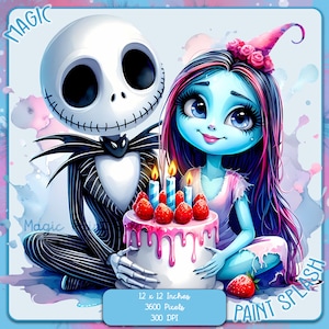Süßer Jack und Sally Geburtstag Aquarell Splash, Clipart Bilder, Grafiken und Kunstwerke, Regenbogen Ästhetik, PNG Weihnachten Alptraum Bilder