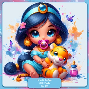 Baby Jasmine aquarel splash, clipartafbeeldingen, graphics en artwork, Rainbow esthetiek, PNG schattige kleine prinses afbeeldingen