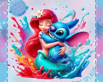 Ariel and Stitch Hug Clipart: Watercolor Splash PNG (Digital Download)