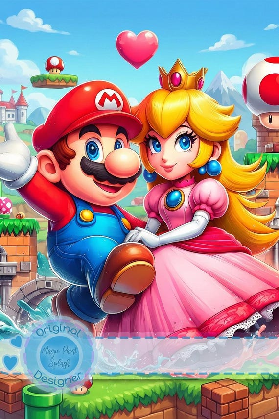 マリオとピーチの水彩画クリップアート：ゲーム用PNG画像（デジタル