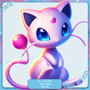 Könnte beinhalten: Eine rosa und blaue Comic-Katze mit einem großen, gekräuselten Schwanz. Die Katze hat blaue Augen und einen rosa Edelstein auf der Stirn. Das Bild ist 12 x 12 Zoll groß, hat 3600 Pixel und 300 DPI.