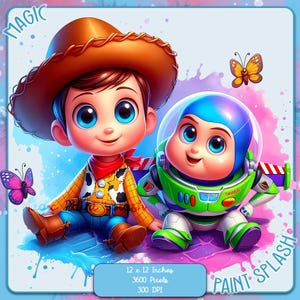 Baby Woody e Buzz Watercolor Splash, imagens clipart, gráficos e obras de arte, estética do arco-íris, imagens PNG de pequenos personagens fofos
