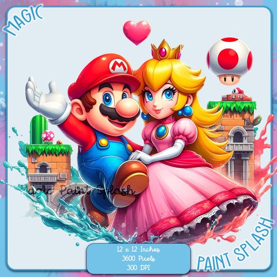 マリオとピーチの水彩画クリップアート：ゲーム用PNG画像（デジタル